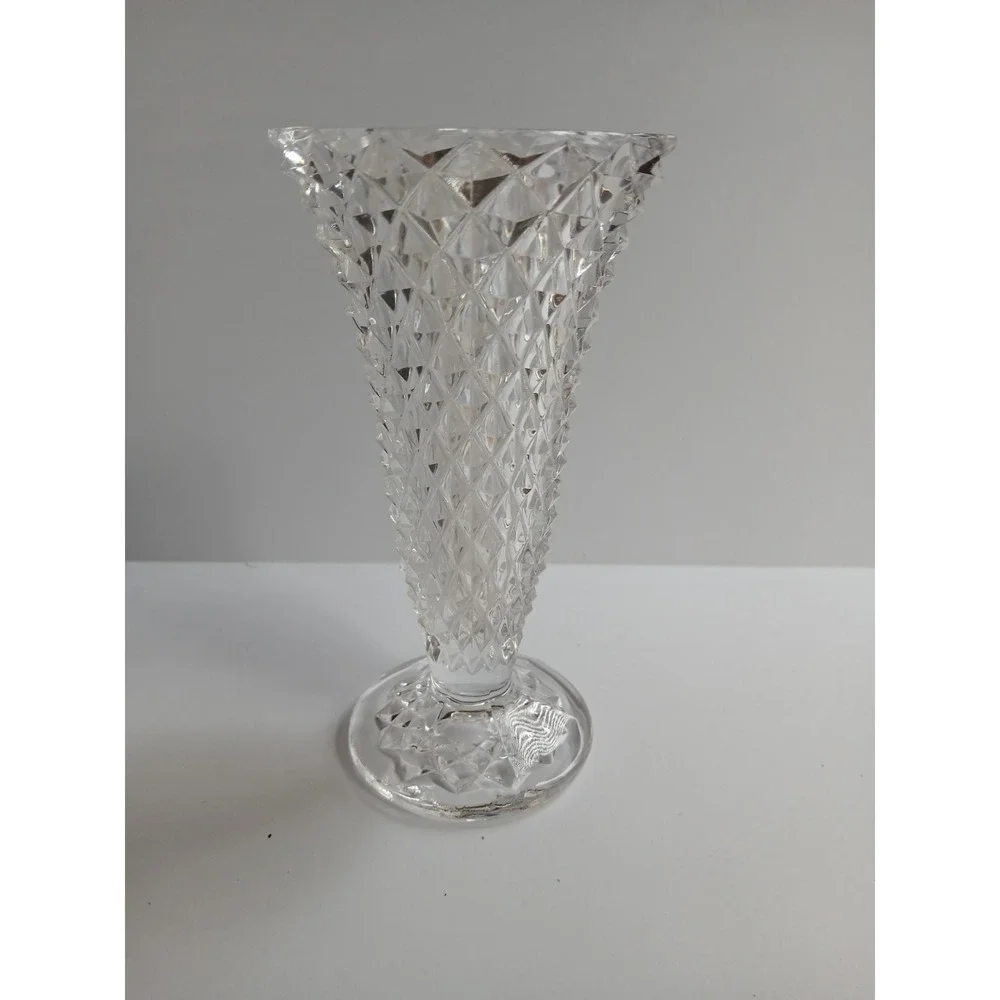 Vintage Indiana Glass Diamond Point Trumpet Vase Pedestal Base Clear Glass